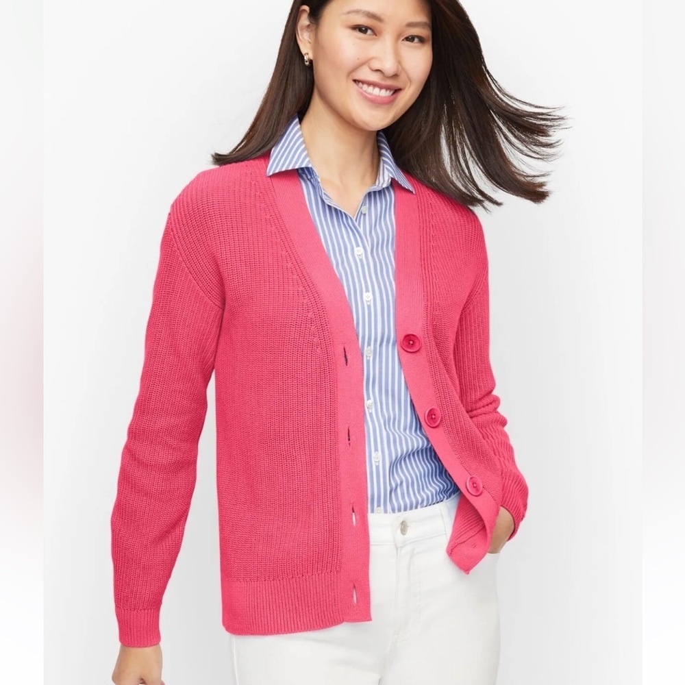 Talbots Pink Pima Shaker Stitch Bishop Sleeve Cardigan